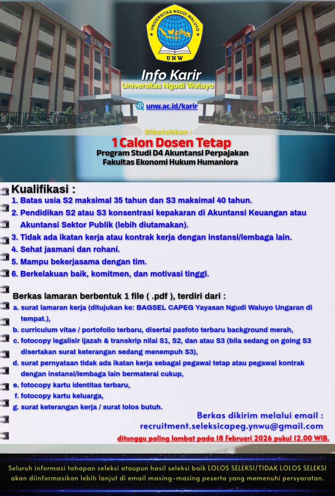 DIBUTUHKAN 1 CALON DOSEN TETAP PRODI D4 AKUNTANSI PERPAJAKAN