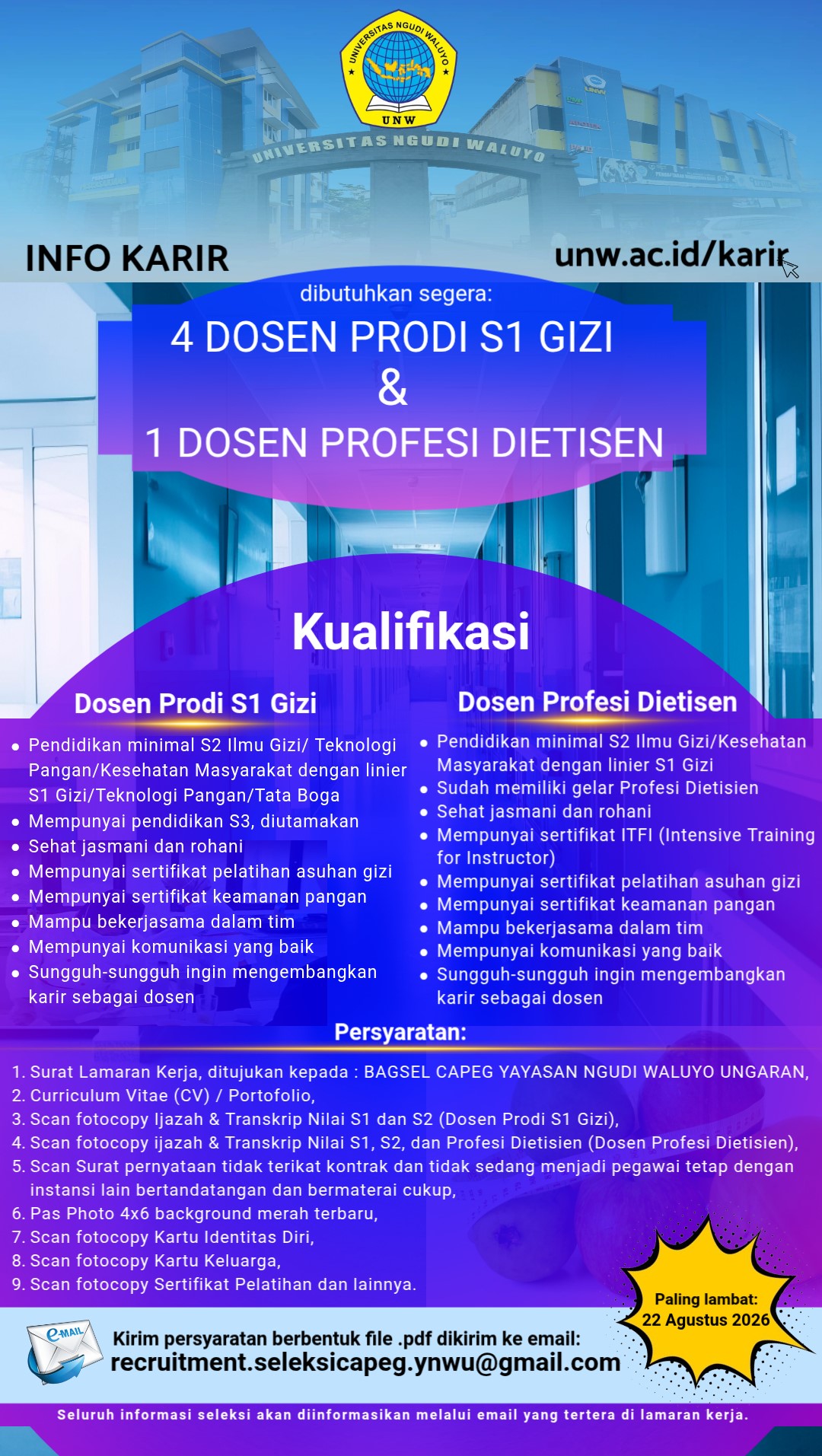 DIBUTUHKAN 4 CALON DOSEN PRODI GIZI DAN 1 CALON DOSEN PRODI DIETISEN