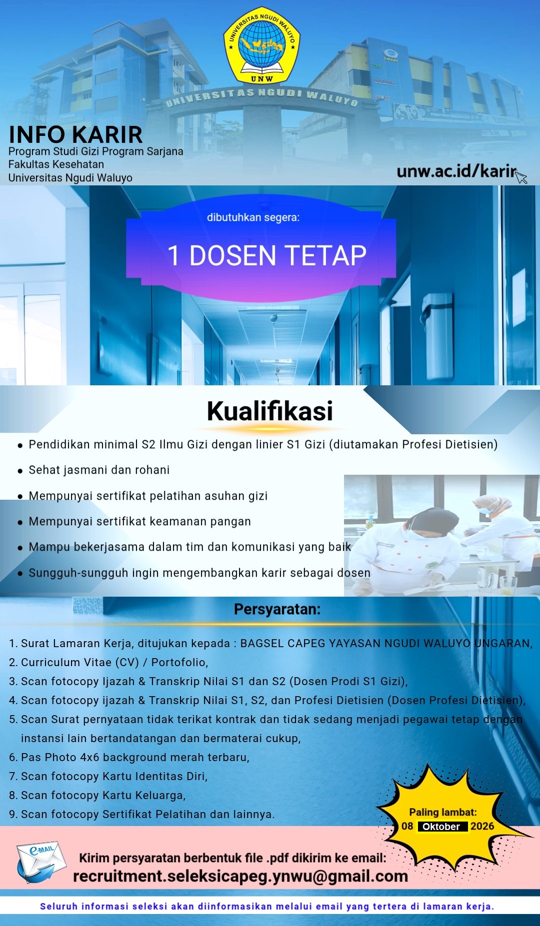 Dibutuhkan 1 Dosen Tetap Program Studi Gizi Program Sarjana
