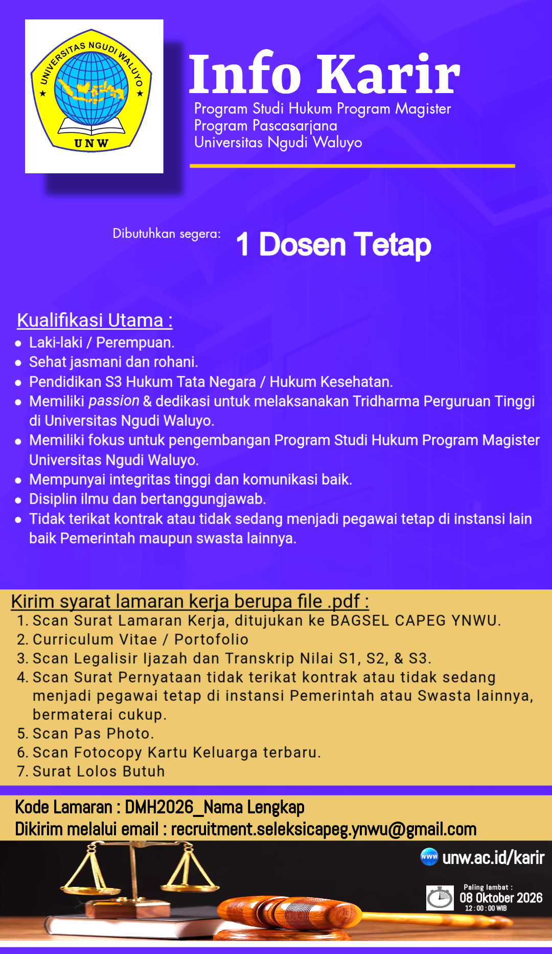 Dibutuhkan 1 Dosen Tetap Program Studi Hukum Program Magister