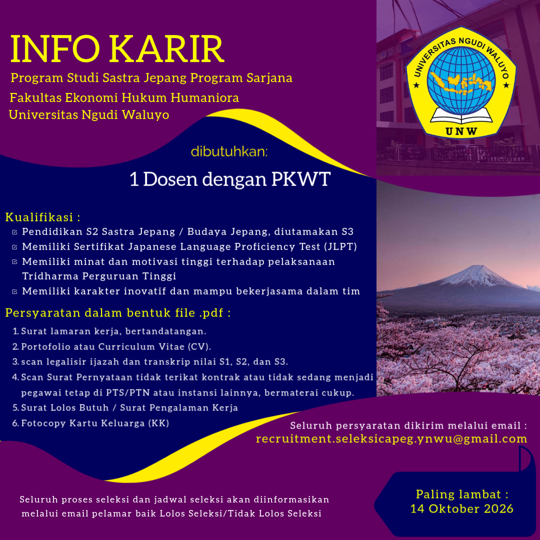 Dibutuhkan 1 Dosen dengan PWKT pada Prodi Sastra Jepang