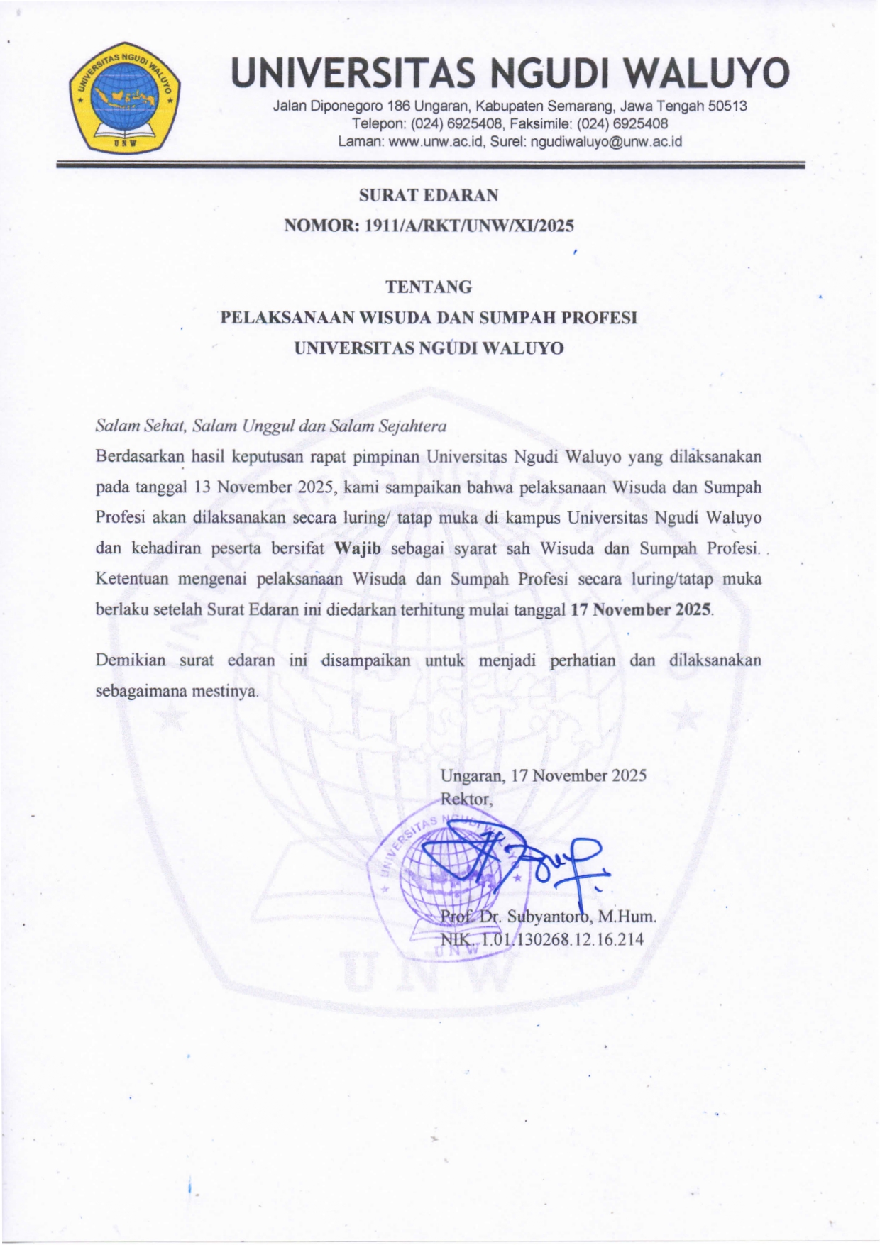 SURAT EDARAN TENTANG PELAKSANAAN WISUDA DAN SUMPAH PROFESI DI UNIVERSITAS NGUDI WALUYO