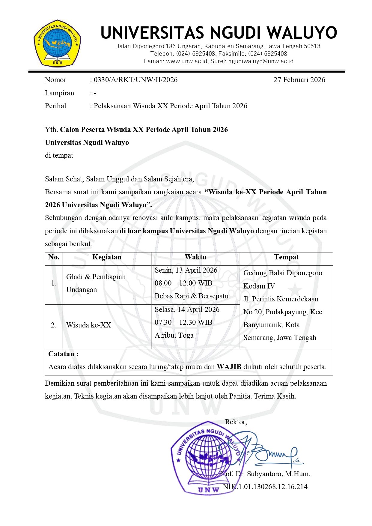 PENGUMUMAN PELAKSANAAN WISUDA XX PERIODE APRIL 2026 UNIVERSITAS NGUDI WALUYO