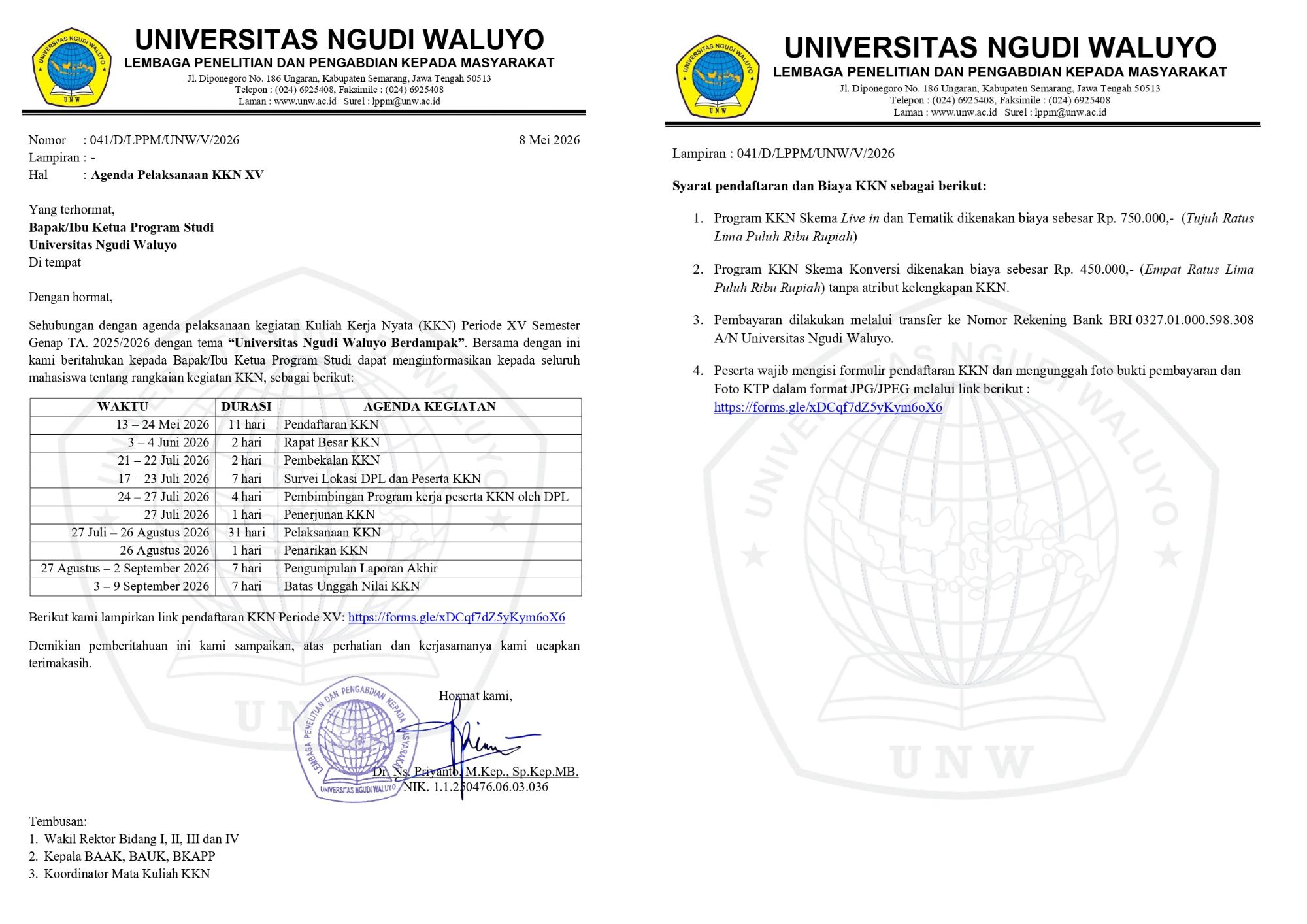 PELAKSANAAN KKN PERIODE XV TAHUN 2025/2026 UNIVERSITAS NGUDI WALUYO